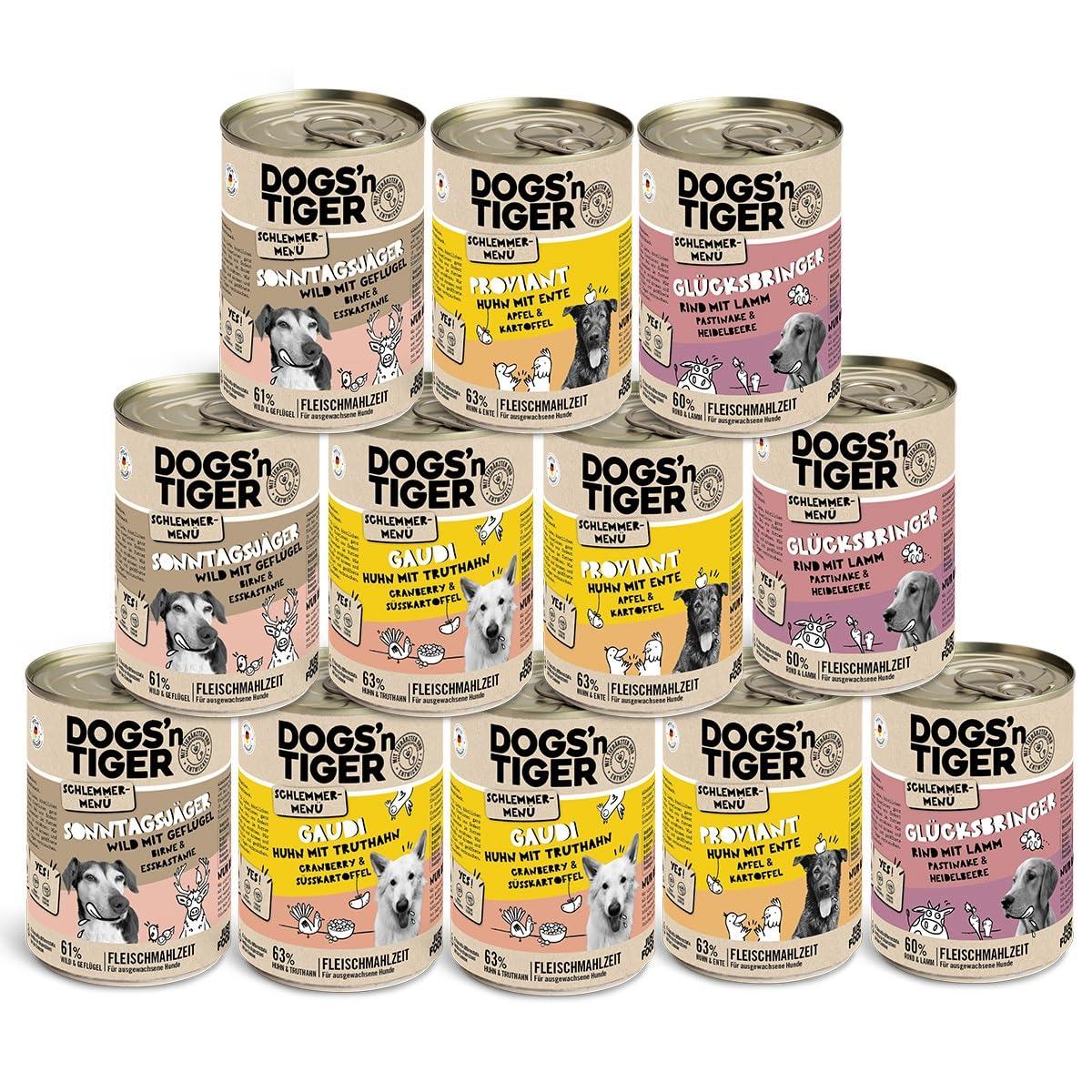 Dogs'n Tiger – Schlemmerpaket · 12×400 g · Wild, Huhn, Ente, Lamm, Rind